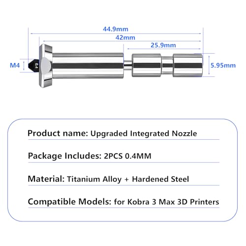 Upgraded Integrated 0.4mm Nozzle for Anycubic Kobra 3 Max, Fully Titanium Alloy Throat Tube Quick Swap Hardened Steel Nozzle High Speed Hot End Nozzle for Kobra 3 Max 3D Printer, 2PCS - color: Upgraded 0.4mm Nozzle