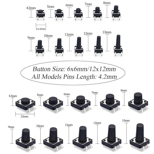 TWTADE 250PCS 4 Pin Momentary Micro Tactile Push Button Switch 20 Values 6 x 6mm and 12 x 12mm Tact Switch Assortment Kit QC-20V-4P - color: Black-4 Pin/250Pcs
