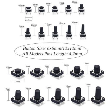 TWTADE 250PCS 4 Pin Momentary Micro Tactile Push Button Switch 20 Values 6 x 6mm and 12 x 12mm Tact Switch Assortment Kit QC-20V-4P - color: Black-4 Pin/250Pcs