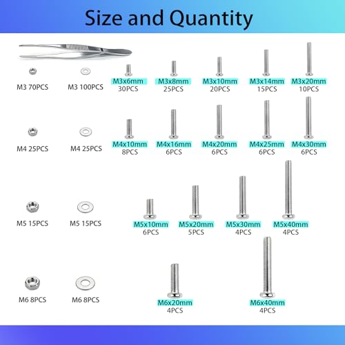 425 Pcs 304 Stainless Steel Metric Machine Screws Assortment Kit - M3 M4 M5 M6 Assorted Nuts and Bolts, Washers for Machinery, Furniture, Automotive, Motorcycle Repairs, DIY Projects - size: M3M4M5M6 425pcs