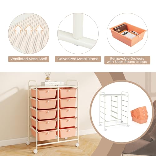 COSTWAY 10 Drawer Rolling Storage Cart, Utility Cart with Lockable Wheels - color: Peach, size: 10 Drawer