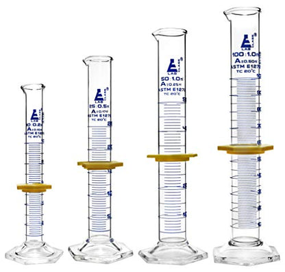 EISCO Graduated Cylinders 4 Piece Set - ASTM, Class A - 10mL, 25mL, 50mL & 100mL - Protective Collars, Hexagonal Base - Blue Graduations - Borosilicate 3.3 Glass