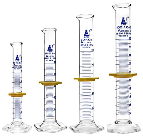EISCO Graduated Cylinders 4 Piece Set - ASTM, Class A - 10mL, 25mL, 50mL & 100mL - Protective Collars, Hexagonal Base - Blue Graduations - Borosilicate 3.3 Glass