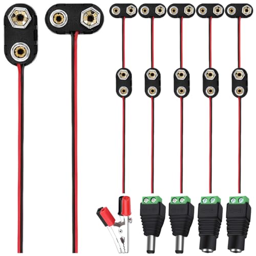 12Pcs 9v Battery Connector Clip with UL1007 24AWG Leads Wires,I-Type/T-Type Plastic Housing Pigtail Snap with Alligator Clips,2.1mm X 5.5mm DC Male/Female Power Plug,for Arduino Led Light - color: K.I-Type/T-Type Plastic Wires