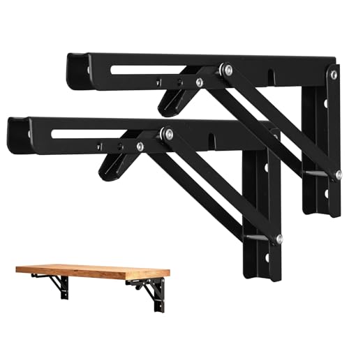 2 Pcs Folding Shelf Brackets,10 Inch Heavy Duty Metal Collapsible Shelf Bracket for Benchfor WorkbenchShelf Hinge Wall Mounted Space Saving DIY Bracket,with Screws. - color: Black, size: 10 Inch