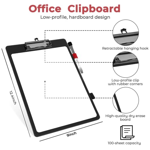 Hardboard Dry Erase Clipboard | 9”x12.5” Premium PU Leather Executive Clipboard with Anti-Ghosting Surface | Strong Clip Holds Letter & A4 Paper | for Office, School, Teacher, Nurse (Black)