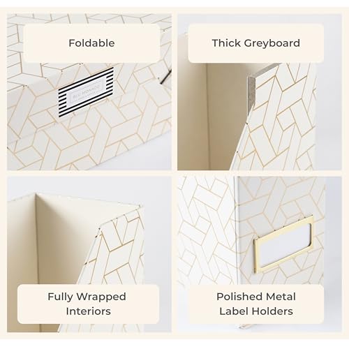 BLU MONACO | Cardboard Magazine File Holder Set of 4 | Vertical Magazine File Holder for Desk and Shelves | Cream Gold Foldable Magazine Holders with Label Slots - color: Cream Gold Woven