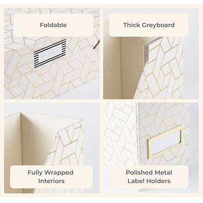 BLU MONACO | Cardboard Magazine File Holder Set of 4 | Vertical Magazine File Holder for Desk and Shelves | Cream Gold Foldable Magazine Holders with Label Slots - color: Cream Gold Woven