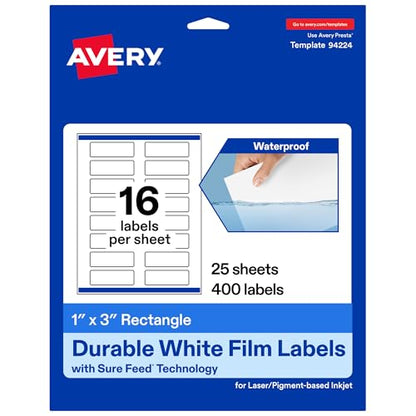 Avery® Printable Durable White Rectangle Labels, Sure Feed® Technology, 1" x 3", Print-to-the-Edge, Waterproof Labels, Laser & Pigment-Based Inkjet Compatible, 400 Total - style: 400 labels