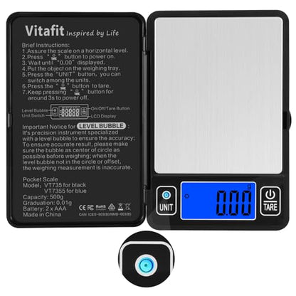Vitafit 500g Digital Gram Scale in 0.01g, High Accuracy Assured by Built-in Level Bubble, Scale Professional Since 2001, Pocket Scale for Multi-Function: Kitchen, Food, Jewelry, Lab, Coffee, Black - size: 4.8 x 3.3in