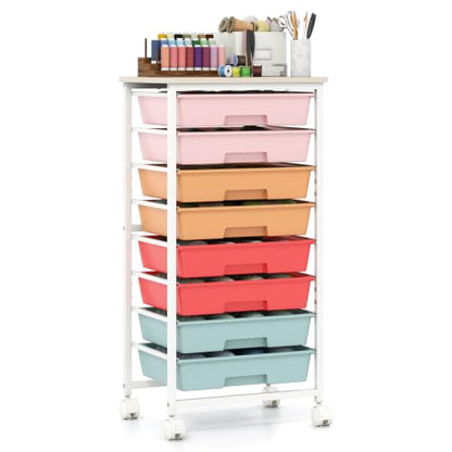 Giantex 8 Drawers Rolling Cart with Wheels, Wood Top, Sturdy Frame - color: Macaron, size: 8 Drawer-15"x11"x30"