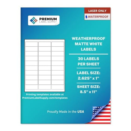 Premium Label Supply Waterproof White Address Sticker Labels – 2.625" x 1" – Laser Printers Only – (30 per Sheet), 1000 Sheets - 30,000 Total Adhesive Labels - size: 30000 Labels