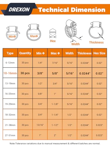 30PCS 304 Stainless Steel Worm Gear Hose Clamps, 3/8"-5/8" (10-16mm) - color: Silver, size: 3/8" to 5/8"(30pcs)