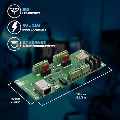 WLED Controller - Eternaglo Plus ESP32 5V-24V LED Control Board With 6 LED Outputs, Ethernet, and Relay Terminal - WLED Pre-Installed and Pre-Configured