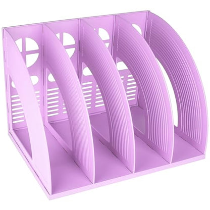 SAYEEC Sturdy Magazine Holder 4 Compartments Plastic Desktop File Organizer File Dividers Office Organizer Storage Document Magaizne Rack Display Box (Purple) - color: Purple-4 Sections