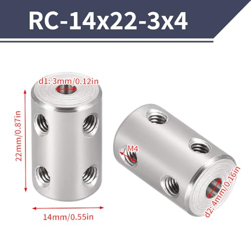 2PCS 3mm to 4mm Bore Rigid Coupling, L22 x D14 Set Screw Shaft Coupler Motor Connector 45# Steel for 3D Printers, Motor Accessories, RC Boat Car Airplane - size: RC-14x22-3x4