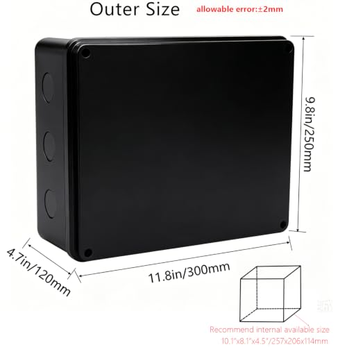 Outdoor Waterproof Box,Junction Box Reserved Holes IP65 ABS Plastic Electrical Boxes Power Cord Enclosure Project Box Black 11.8 x 9.8 x 4.7 inch(300x250x120mm) - size: 11.8" x 9.8" x 4.7"