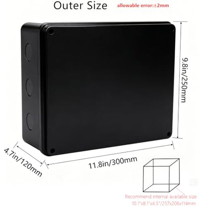 Outdoor Waterproof Box,Junction Box Reserved Holes IP65 ABS Plastic Electrical Boxes Power Cord Enclosure Project Box Black 11.8 x 9.8 x 4.7 inch(300x250x120mm) - size: 11.8" x 9.8" x 4.7"