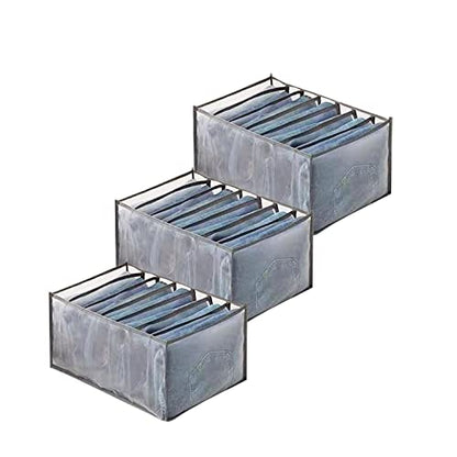 Wardrobe Clothes Organizer, 7 Grids Washable Portable Closet Organizer Mesh Separation Storage Box Foldable Closet Drawer Organizer for Underwear, Socks, Scarves, Jeans (Grey, 3 Jeans Grid) - size: 3 Jeans Grid