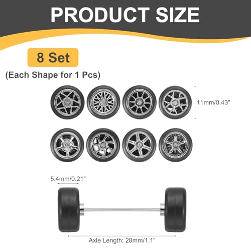 MECCANIXITY 8 Set 1/64 Wheels and Tires Set, Real Riders Rims Includes Axles for RC Diecast Car DIY Model, Kit 1 Silver Rims