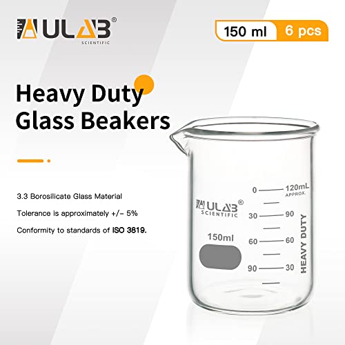ULAB Heavy Duty Glass Beakers, 6pcs of Vol.150ml(5.07oz), Borosilicate 3.3 Glass, Thick Wall Beakers, with Double Scale, Superior Durability & Chemical Resistance, UBG1052 - style: 6pcs of Vol.150ml