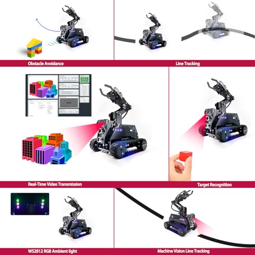 Adeept RaspTank Smart Robot Car Kit for Raspberry Pi 4B/3B/3B+(Board Not Included), Tank Tracked Robot with 4-DOF Robotic Arm,Obstacle Avoidance, Line Tracking, USB-C Charging, with Digital Tutorials