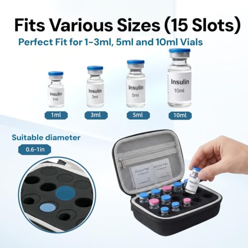 Peptide Case for Fridge,Fits 1ml 3ml 5ml 10ml Standard U-100 Vials,15 Slots Insulin Vial Organizer for Diabetics,Impact-Resistant Fridge Storage Holder, No Vials,Black - color: Black