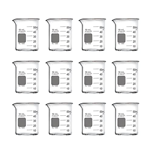 PYREX Griffin Borosilicate Glass Beaker- Low Form Graduated Measuring Beaker with Spout– Premium Scientific Glassware for Laboratories, Classrooms or Home Use - PYREX Chemistry Glassware, 50 mL, 12/Pk - size: 50 mL