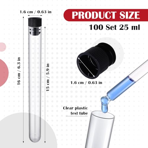 100 Pack Plastic Test Tubes with Caps, 25ml/6" Clear Tubes Vials - color: Black Lid