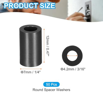 PATIKIL 50Pcs ABS Spacers 4mm ID, 7mm OD, 12mm Height Plastic Round Stud Spacer Black Nylon Washers Nut Unthreaded Rubber for M4 Screws Bolts Barrel - size: 4mm ID, 7mm OD, 12mm Height