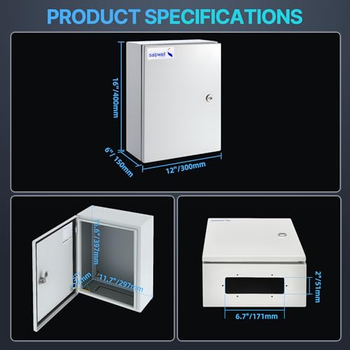 16x12x6 NEMA 4X Electrical Enclosure Metal Outdoor Enclosure Box - size: 16"H × 12"W × 6"D