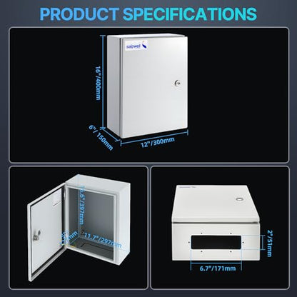 16x12x6 NEMA 4X Electrical Enclosure Metal Outdoor Enclosure Box - size: 16"H × 12"W × 6"D