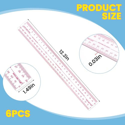 6 Pack 12" Clear Plastic Metric Rulers with 3 Scales