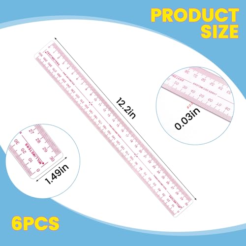 6 Pack 12" Clear Plastic Metric Rulers with 3 Scales