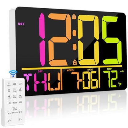PERSUPER 13" Digital Wall Clock Large Display with Remote, Temp & Timer - style: RGB