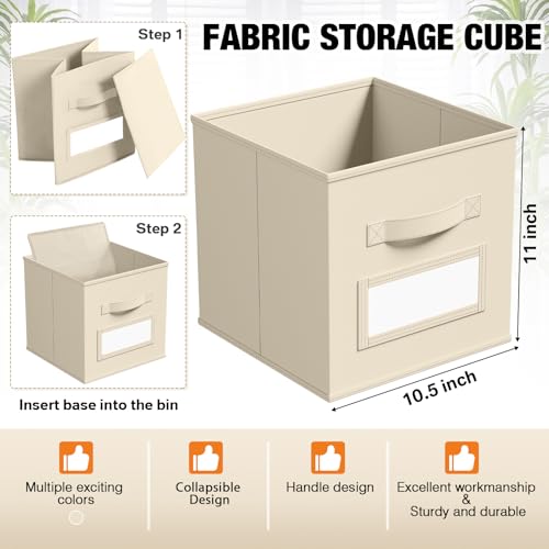 10 Pack Fabric Storage Cubes with Label 11" Collapsible Cube Bins, Beige - color: Beige, size: 11 Inch