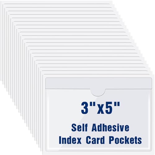 Chinco 50 Pack 3" x 5" Clear Adhesive Pockets, Index Card Pockets With Top Open Loading, Plastic Labels Holders for Organizing Storage Bins, Library Card, Drawer, and Protecting Your Cards - size: 3.7 x 5.3 inches