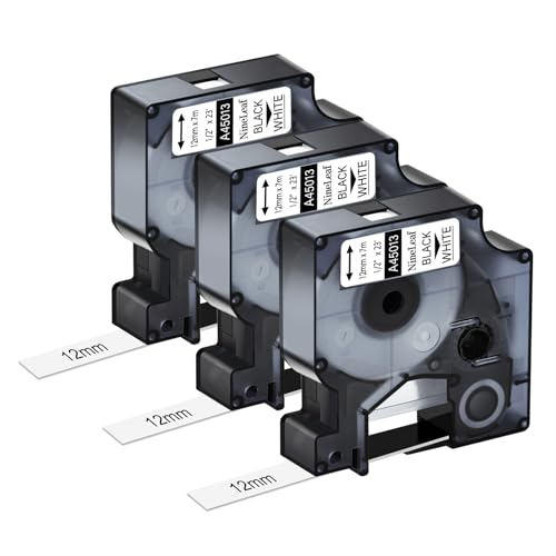 NineLeaf 3 Roll Black on White Cassettes Compatible for DYMO D1 45013 S0720530 Label Tape Replacement for LabelManager 160 280 420P PnP 220P 360D 450 210D Label Maker - 1/2 Inch x 23 Feet - color: Black on White, size: 12mm