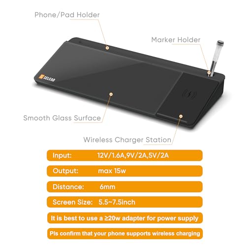 SELEAD Desktop Glass Whiteboard with Wireless Charger and Storage, Black - color: Black, size: 16"x7"