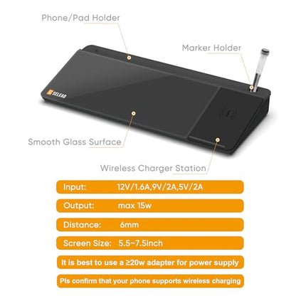 SELEAD Desktop Glass Whiteboard with Wireless Charger and Storage, Black - color: Black, size: 16"x7"