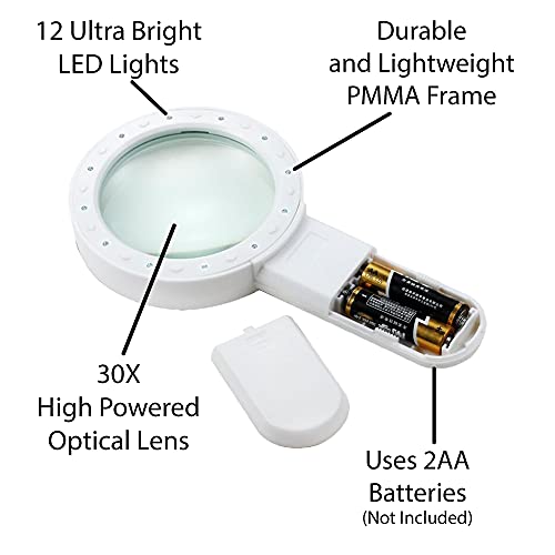 Magnifying Glass with Light, 30X Handheld Large Magnifying Glass for Reading, Lighted Magnifier for Seniors, Macular Degeneration, Coins, Jewelry, Elderly
