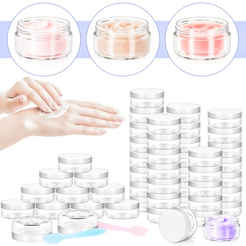 48PCS 10g Empty Clear Containers with Lids,Refillable Makeup Sample Containers, Small Sample Pot Jars Travel Makeup Container with Mini Spatulas for Liquid Powder Creams Lotions,White Lid - color: White, size: 10g