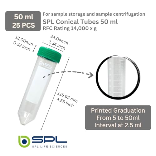 SPL 50ml Conical Centrifuge Tube Polypropylene Screw Cap, Sterile Non - pyrogenic, Non - cytotoxic, DNase/RNase - Free, Human DNA - Free Resealable Bags (25 Tubes) - size: 25 Tubes