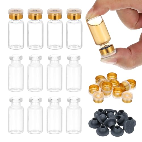 PATIKIL 12pcs 3ml Clear Borosilicate Glass Sample Vials with Aluminum Plastic Cap and Rubber Stopper for Lab Solid Liquid Powder Storage, Gold Plating - color: Clear/Gold Plating, size: 3ml