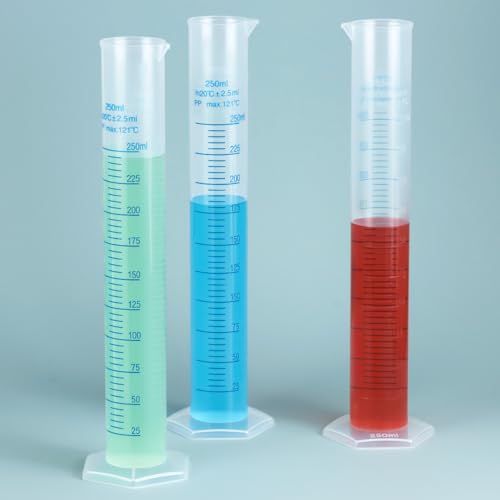 QWORK 6-Pack Plastic Graduated Cylinders, 250ml Science Hydrometer Test Tube Cylinder, Dual Marking Lines, Measuring Cylinder with Pour Spout