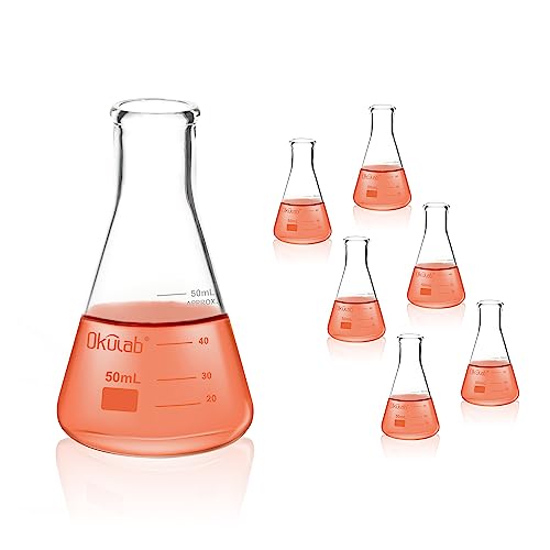 Conical Flask Set, Glass Erlenmeyer Flasks, 6pcs of Vol.50ml, Borosilicate 3.3 Glass Material with Printed Graduation.EFNG50A6 - style: Vol.50ml, pack of 6