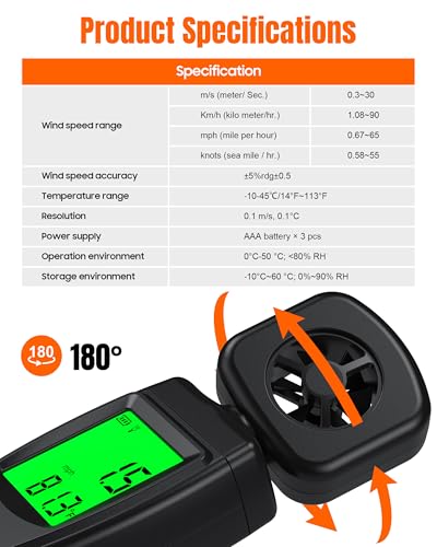 FOOAO Anemometer, Wind Meter Handheld, CMF Meter to Measure Wind Speed and Temperature to Assist in Drone Flights, Outdoor Activities, Shooting Sports and HVAC Systems