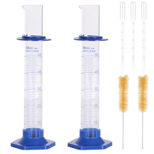 2Pcs 50ml Graduated Cylinder, Thick Glass Measuring Cylinder, with Anti-Falling Plastic Base and Bumper Guards, for Science Laboratory Measuring Liquid, Bring 2 Brushes and droppers - size: 50ml