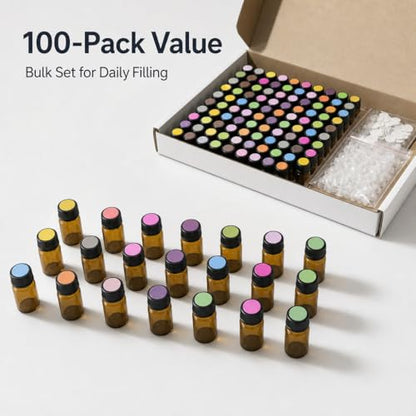 Amber Glass Vials, 100Pcs, 3ml Small Glass Bottles with Black Caps, Mini Essential Oil Bottles with Droppers & Label Stickers for Perfume, Lab Sample, Liquid Storage - size: 3ml