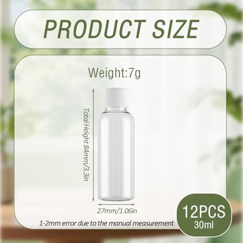 12pcs 30ml 1oz Empty Refillable Clear Plastic Bottles with Screw Caps Travel Cosmetic Container for Lotion Toner Makeup Water